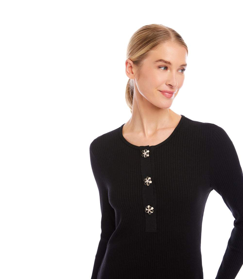 Long Sleeve Ribbed Flower Button Detail Top