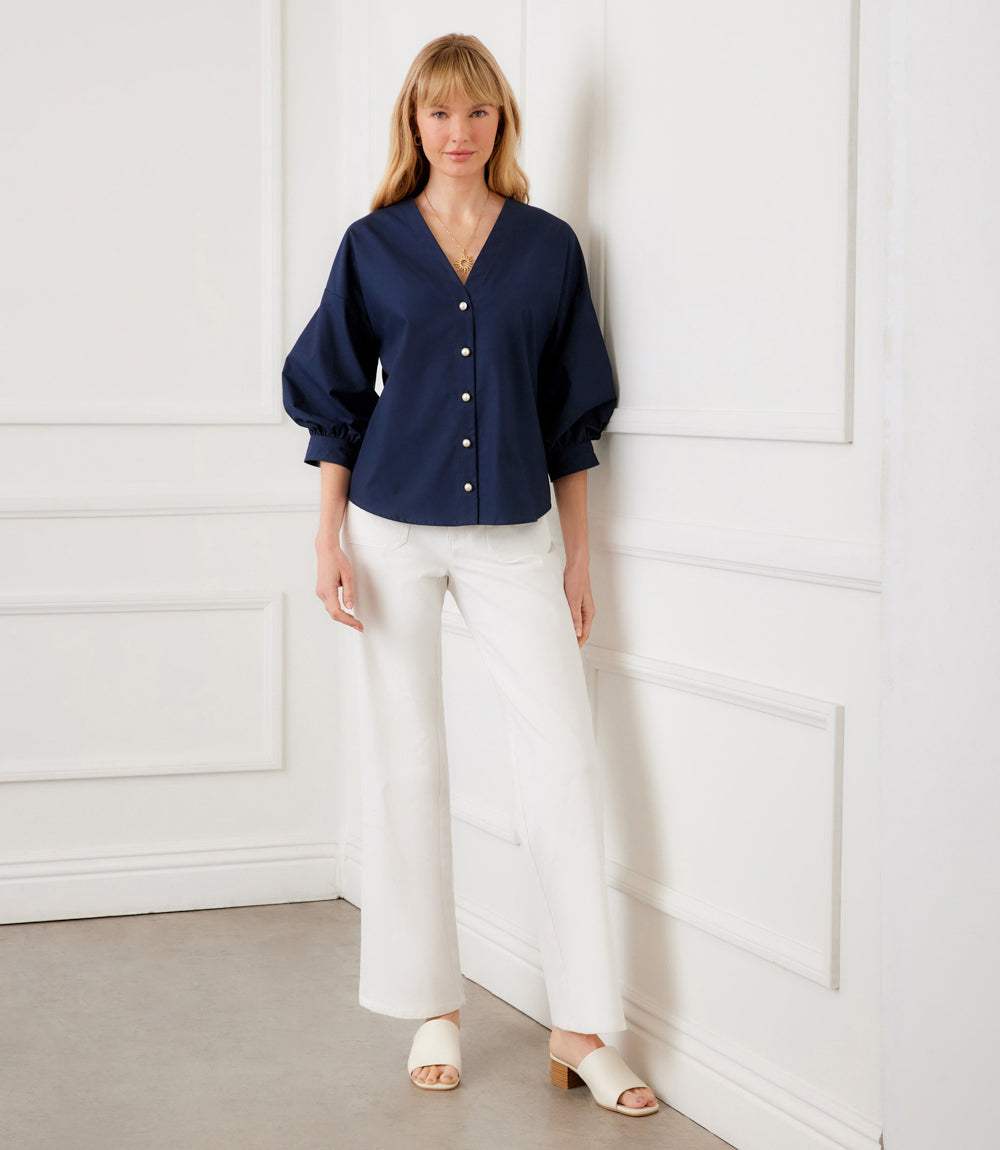 Lantern Sleeve Pearl Button Top