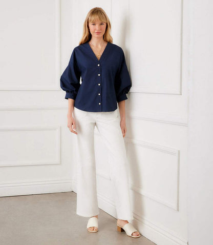 Lantern Sleeve Pearl Button Top