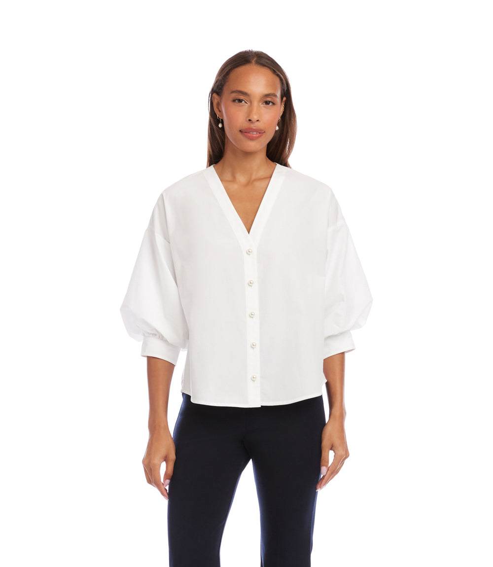 Petite Size Lantern Sleeve Pearl Button Top