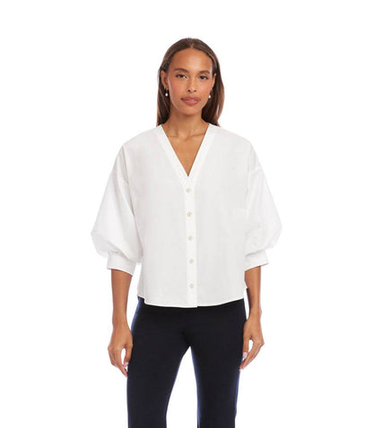Petite Size Lantern Sleeve Pearl Button Top