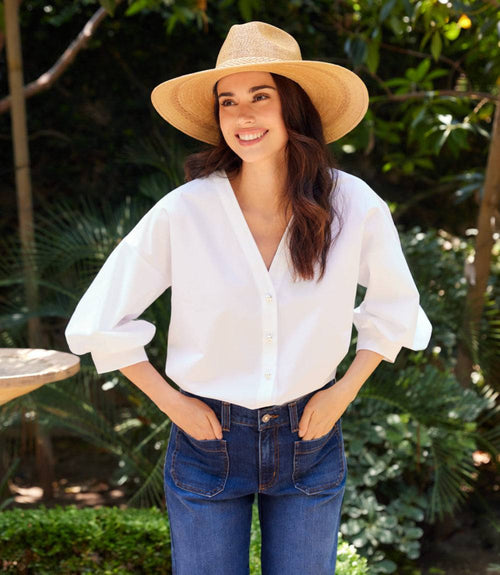 Lantern Sleeve Pearl Button Top