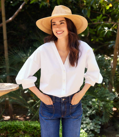 Petite Size Lantern Sleeve Pearl Button Top