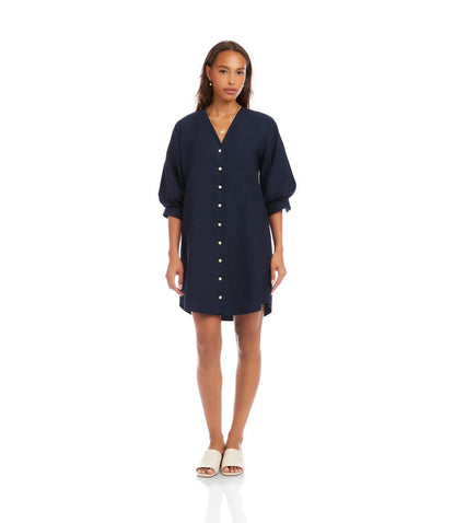 Lantern Sleeve Pearl Button-Front Dress
