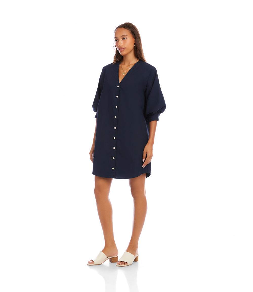 Lantern Sleeve Pearl Button-Front Dress
