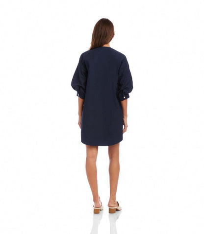 Lantern Sleeve Pearl Button-Front Dress