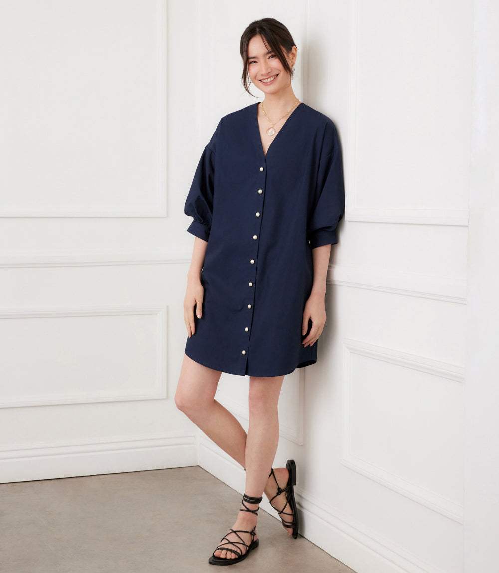 Lantern Sleeve Pearl Button-Front Dress
