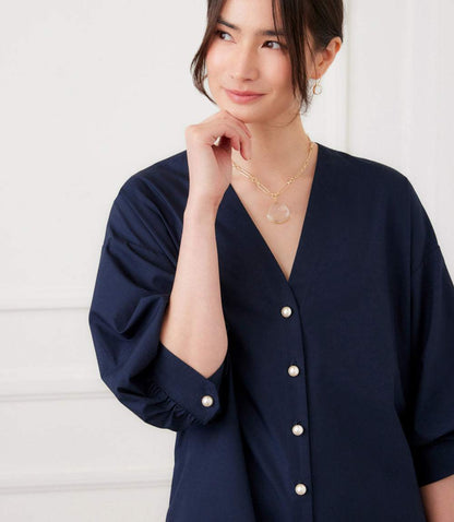 Lantern Sleeve Pearl Button-Front Dress