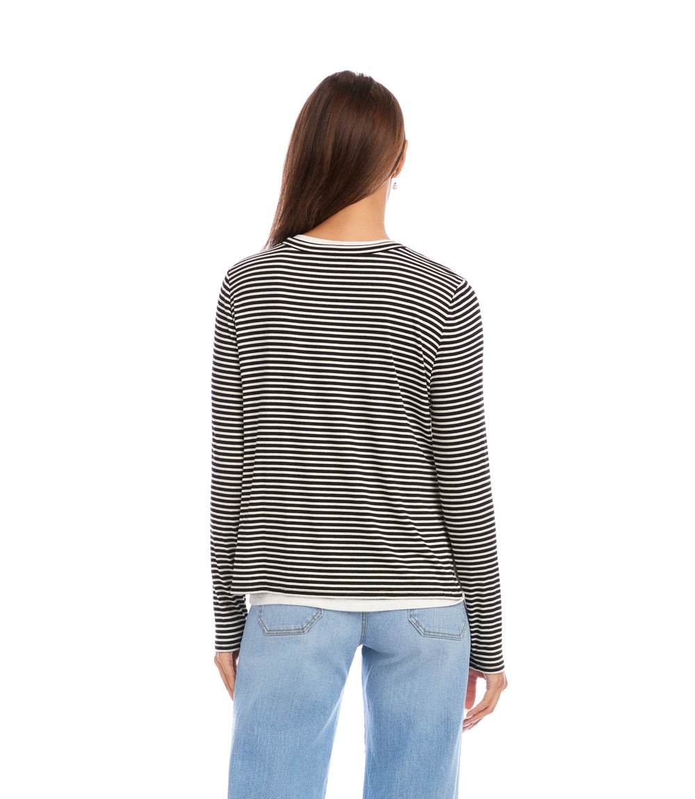 Petite Size Long Sleeve Stripe Double Layer Side-Slit Top