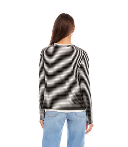 Petite Size Long Sleeve Stripe Double Layer Side-Slit Top