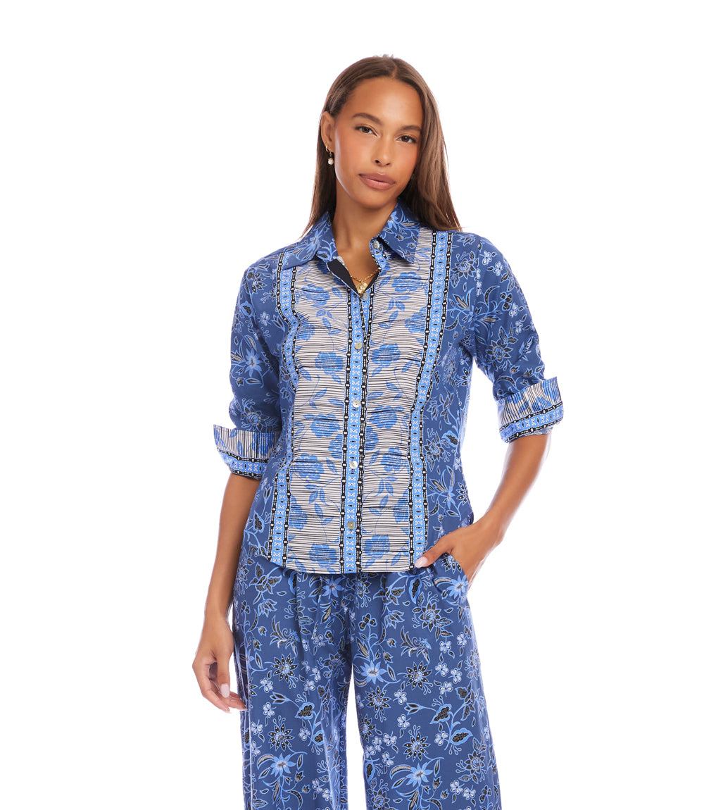 Ruched Sleeve Border Print Shirt