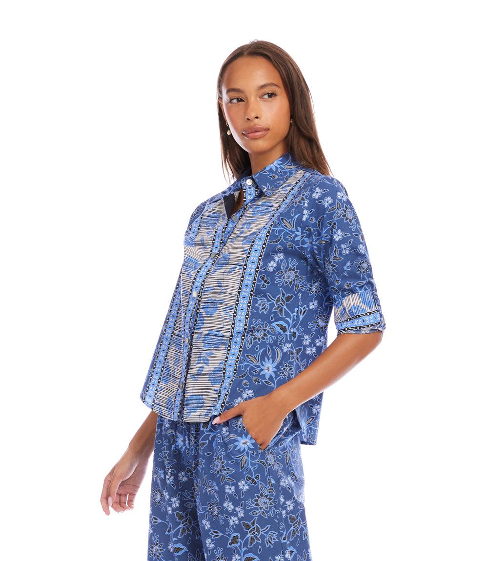 Ruched Sleeve Border Print Shirt