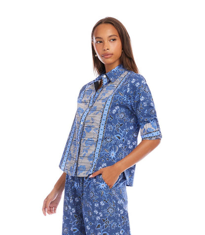Ruched Sleeve Border Print Shirt