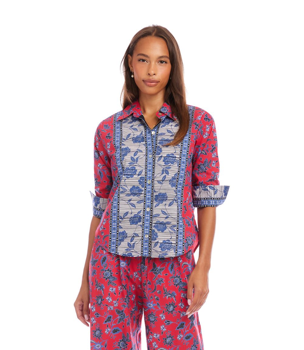 Ruched Sleeve Border Print Shirt