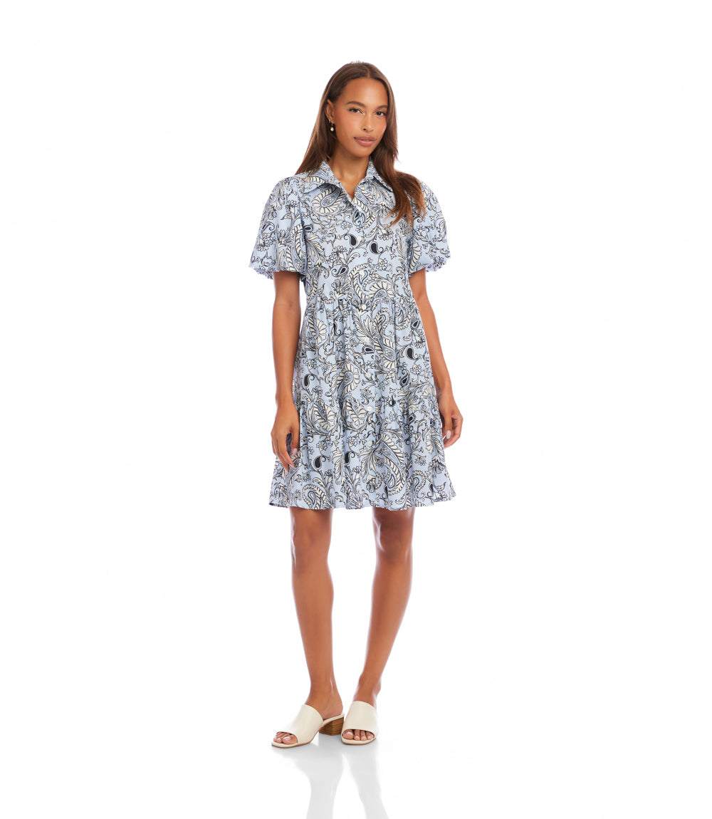 Petite Size Puff Sleeve Tiered Shirtdress