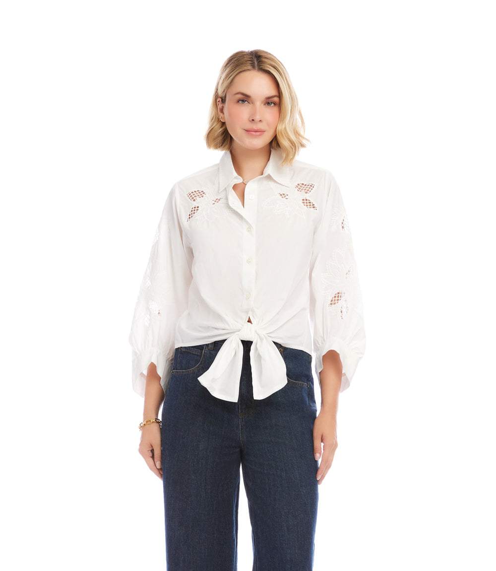 Blouson Sleeve Embroidered Tie-Front Top