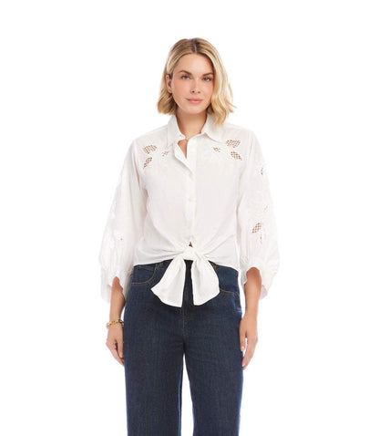 Blouson Sleeve Embroidered Tie-Front Top