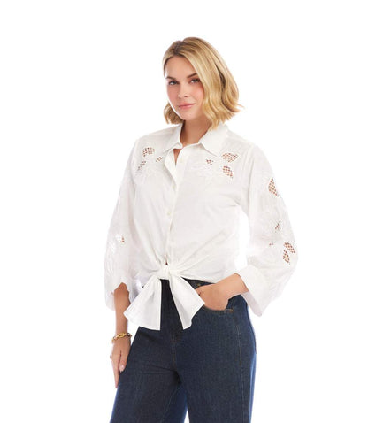 Blouson Sleeve Embroidered Tie-Front Top