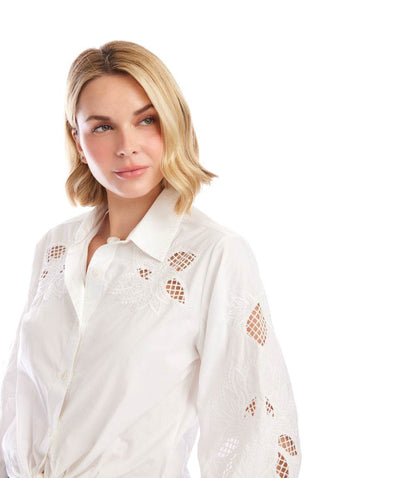 Blouson Sleeve Embroidered Tie-Front Top