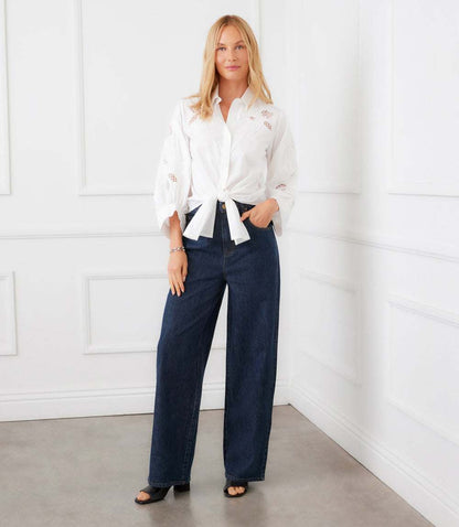 Blouson Sleeve Embroidered Tie-Front Top