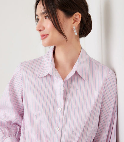 Stripe Blouson Sleeve Embellished Tie-Front Top