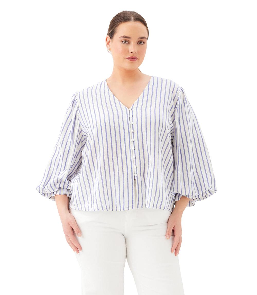 Plus Size Stripe Layered Sleeve Shirred Blouse