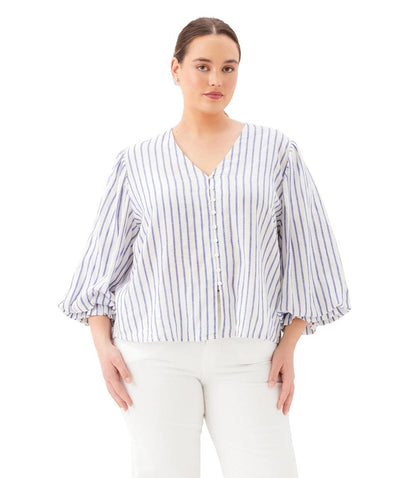Plus Size Stripe Layered Sleeve Shirred Blouse