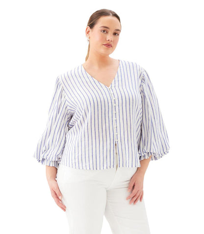 Plus Size Stripe Layered Sleeve Shirred Blouse