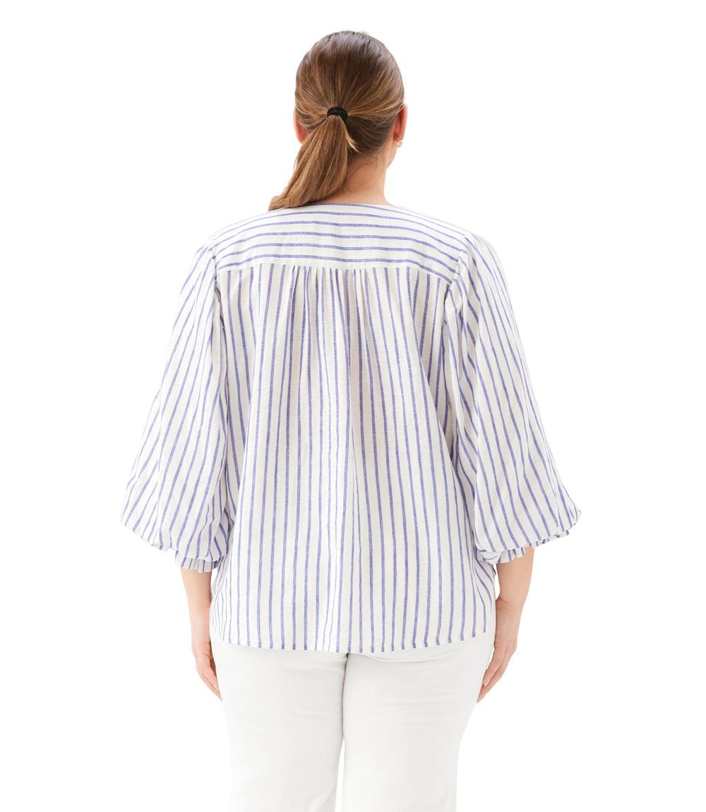 Plus Size Stripe Layered Sleeve Shirred Blouse