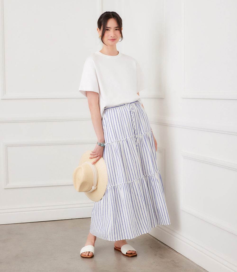 Petite Size Stripe Tiered Midi Skirt