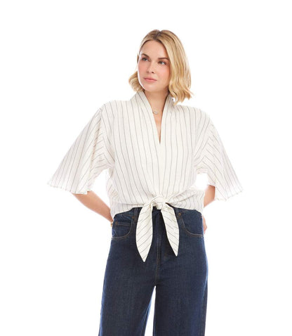 Linen Blend Stripe Flare Sleeve Tie-Front Top