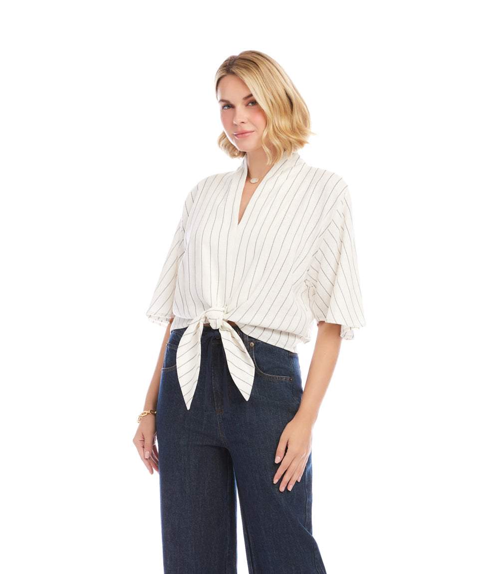 Linen Blend Stripe Flare Sleeve Tie-Front Top