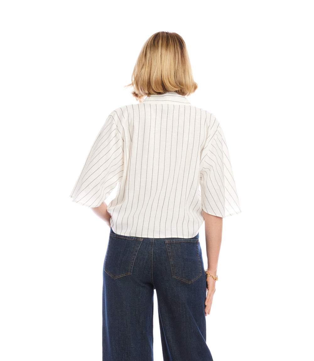 Linen Blend Stripe Flare Sleeve Tie-Front Top