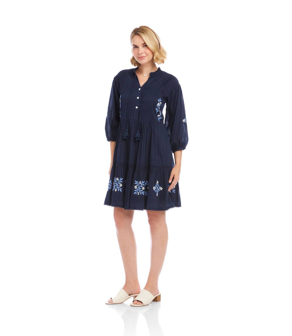 Blouson Sleeve Embroidered Lace Trim Tiered Dress