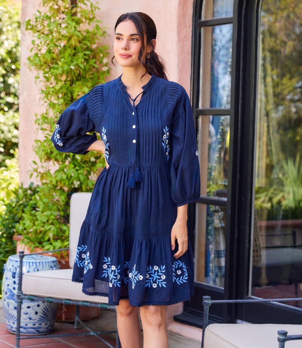 Blouson Sleeve Embroidered Lace Trim Tiered Dress