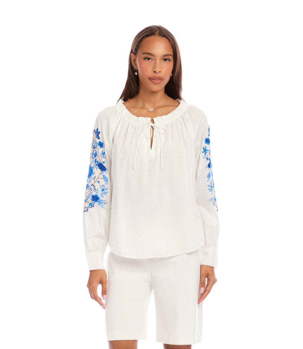 Embroidered Blouson Sleeve Tie-Neck Peasant Top
