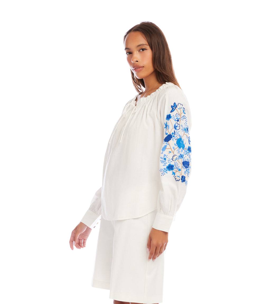 Embroidered Blouson Sleeve Tie-Neck Peasant Top