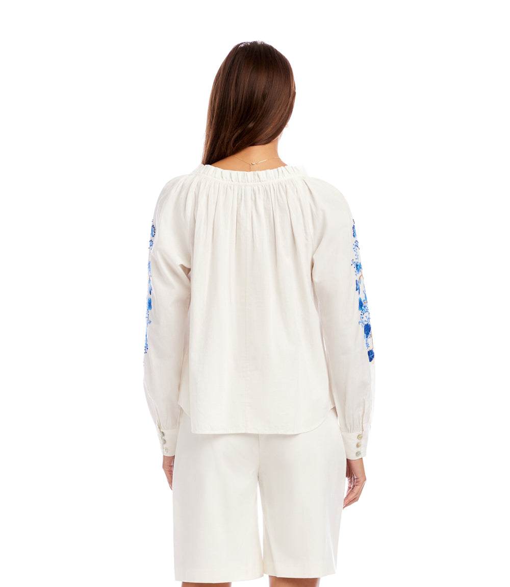 Embroidered Blouson Sleeve Tie-Neck Peasant Top