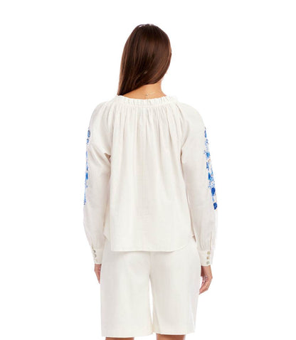 Embroidered Blouson Sleeve Tie-Neck Peasant Top