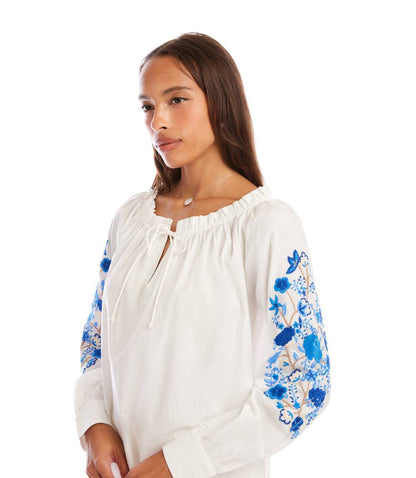 Embroidered Blouson Sleeve Tie-Neck Peasant Top