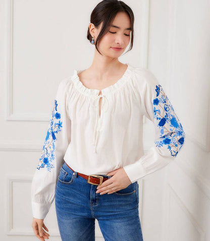 Embroidered Blouson Sleeve Tie-Neck Peasant Top