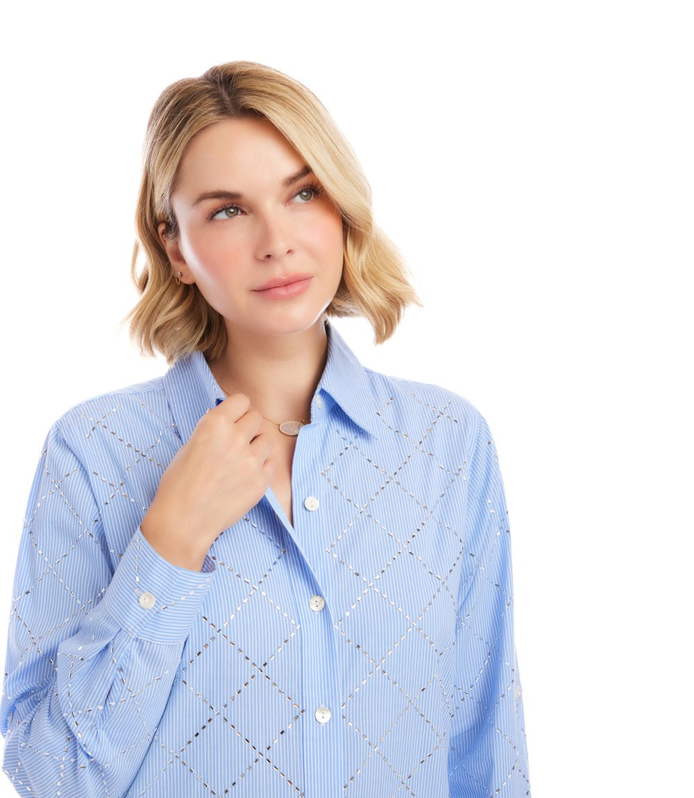Stripe Roll-Tab Embellished Shirtdress