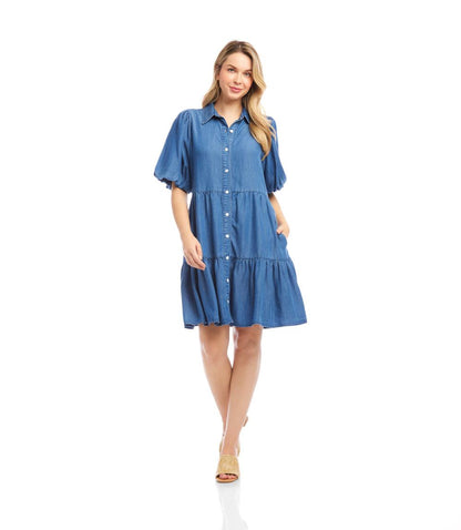 Petite Size Puff Sleeve Tiered Shirtdress