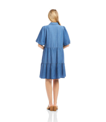 Petite Size Puff Sleeve Tiered Shirtdress