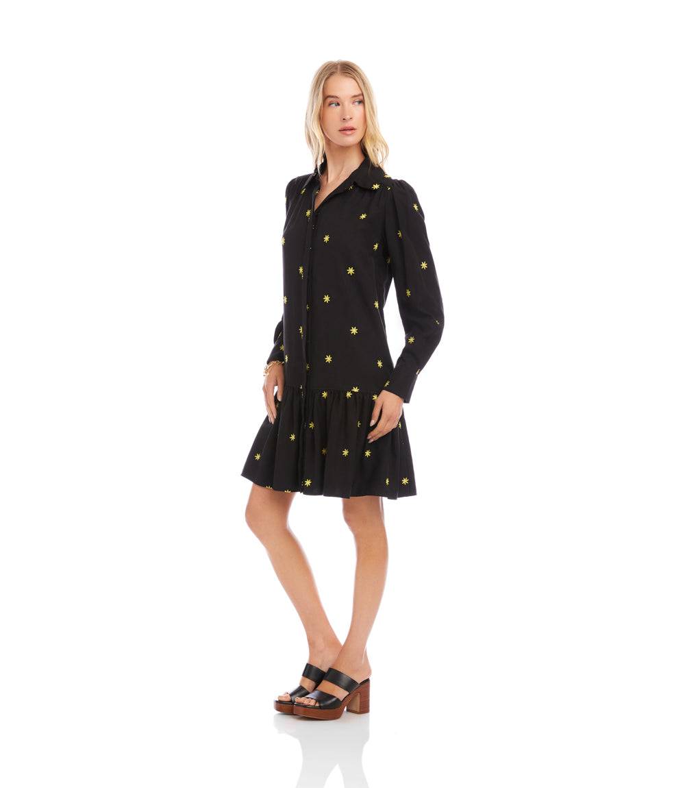 Long Sleeve Embroidered Ruffle Hem Dress