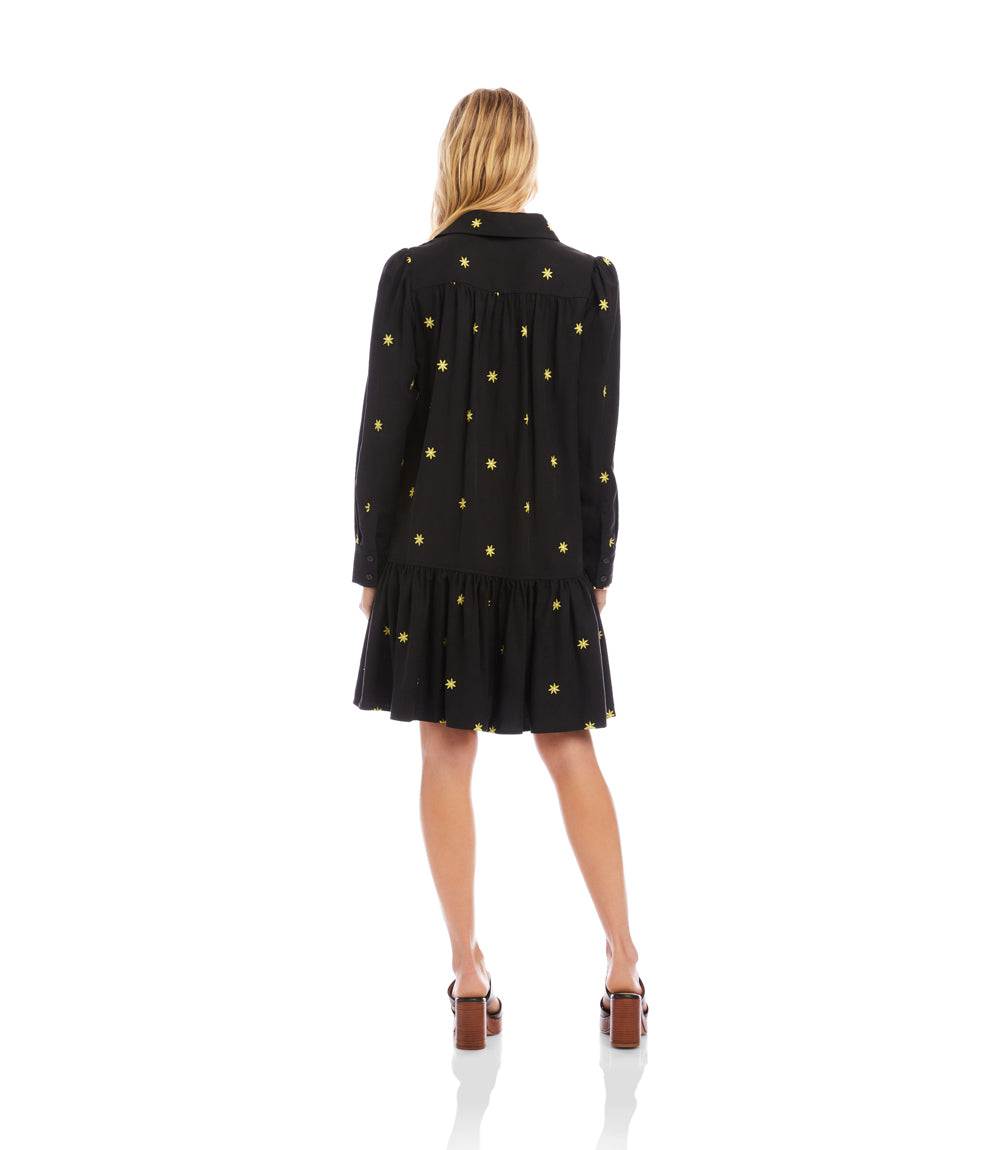 Long Sleeve Embroidered Ruffle Hem Dress