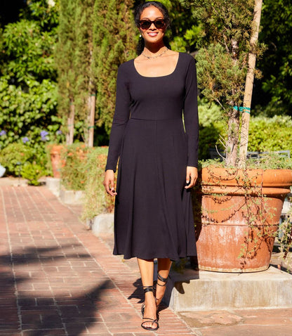 Long Sleeve Ribbed Scoop Neck A-Line Dress