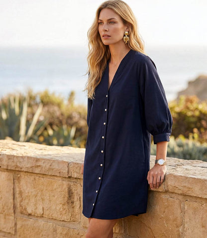Lantern Sleeve Pearl Button-Front Dress