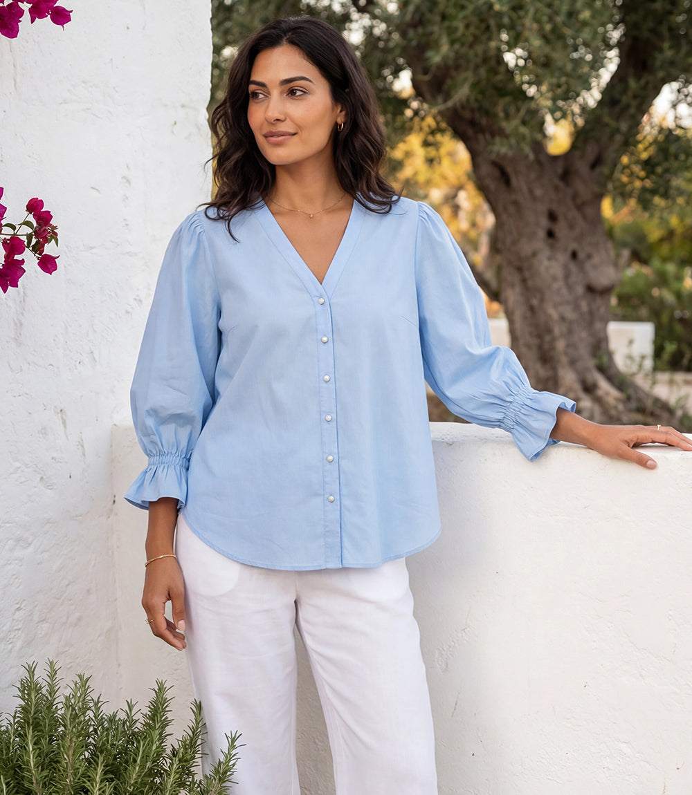 Lantern Sleeve Pearl Button Top