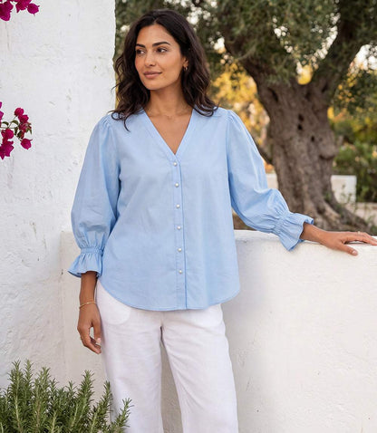 Lantern Sleeve Pearl Button Top